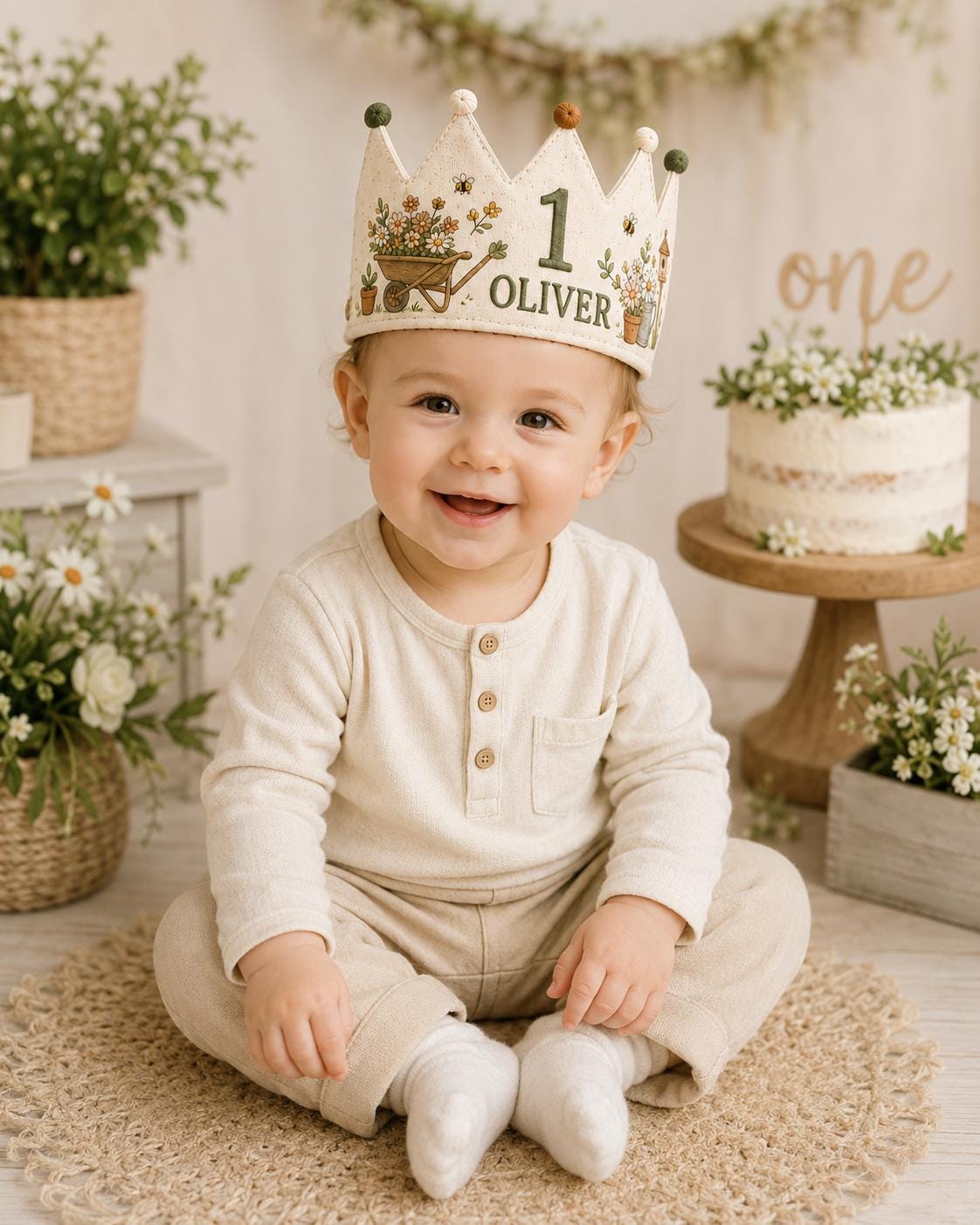 Personalized Little Gardener Birthday Crown, Embroidered Linen-Look Garden Crown, Custom Name First Birthday Hat, Baby Keepsake