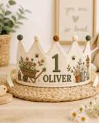 Personalized Little Gardener Birthday Crown, Embroidered Linen-Look Garden Crown, Custom Name First Birthday Hat, Baby Keepsake