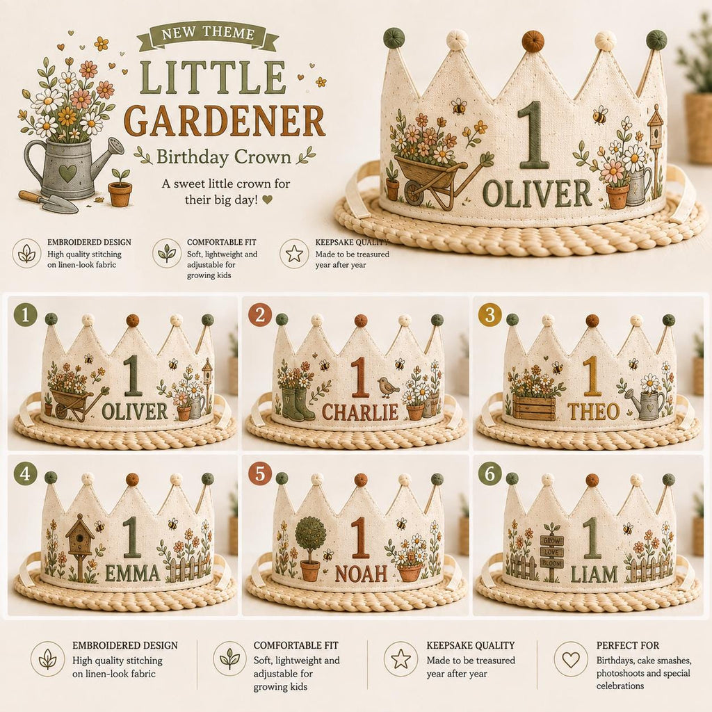 Personalized Little Gardener Birthday Crown, Embroidered Linen-Look Garden Crown, Custom Name First Birthday Hat, Baby Keepsake
