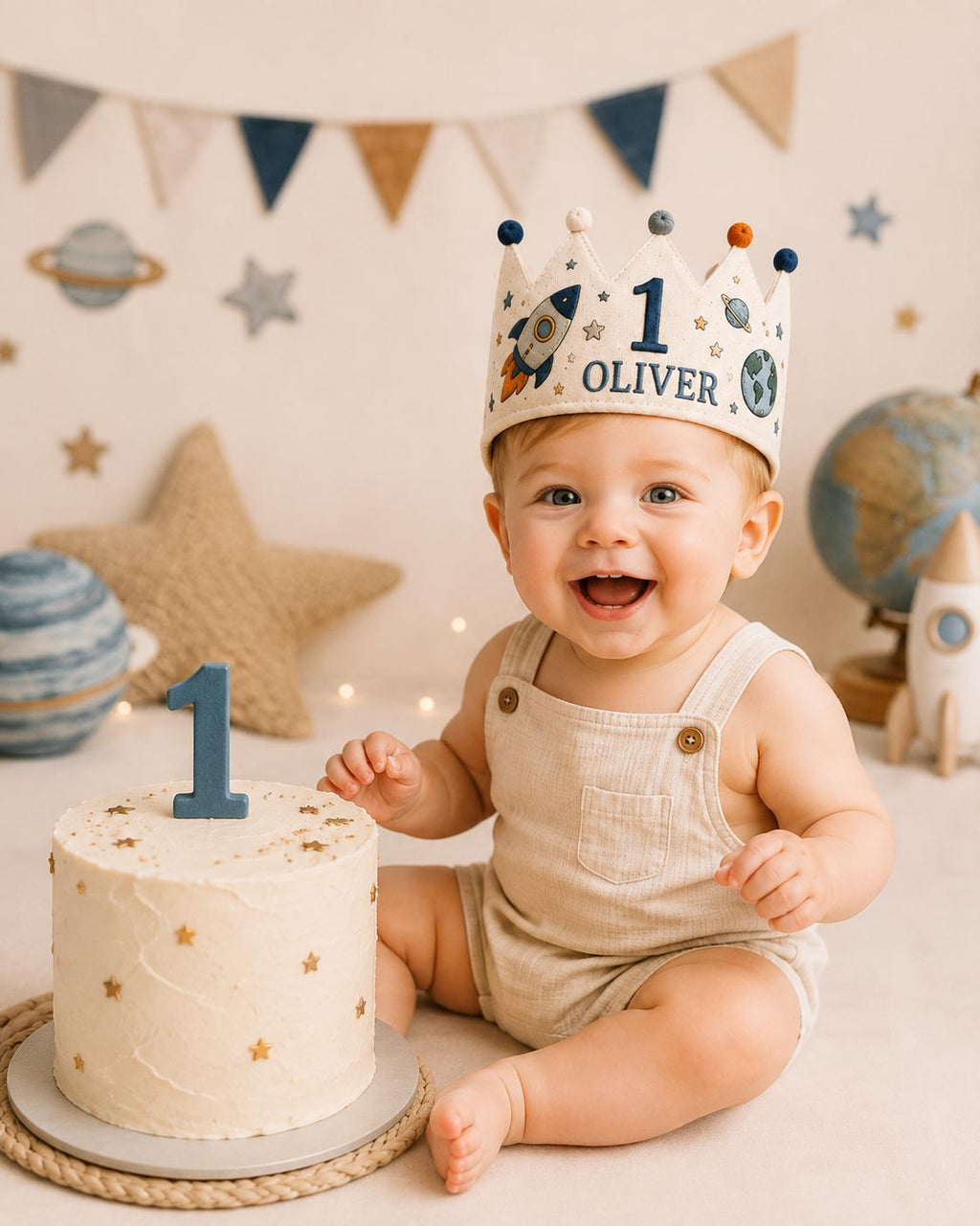 Personalized Space Explorer Birthday Crown, Embroidered Linen-Look Astronaut Crown, Custom Name First Birthday Hat