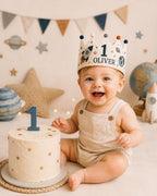 Personalized Space Explorer Birthday Crown, Embroidered Linen-Look Astronaut Crown, Custom Name First Birthday Hat