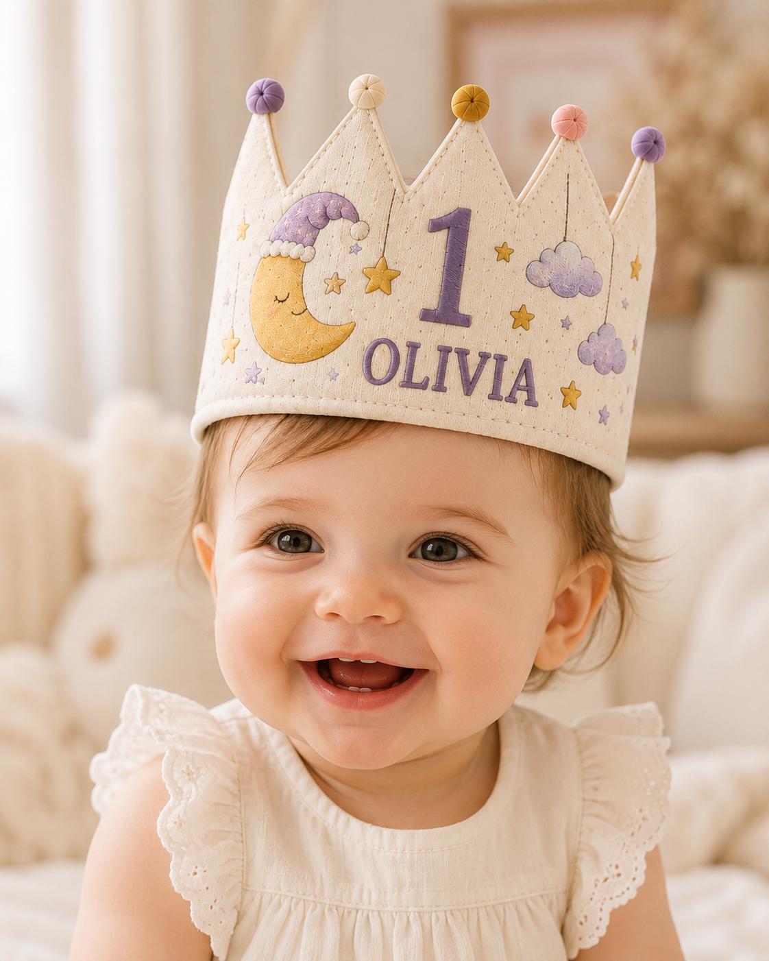Personalized Little Dreamer Birthday Crown, Embroidered Linen-Look Moon & Stars Crown, Custom Name First Birthday Hat