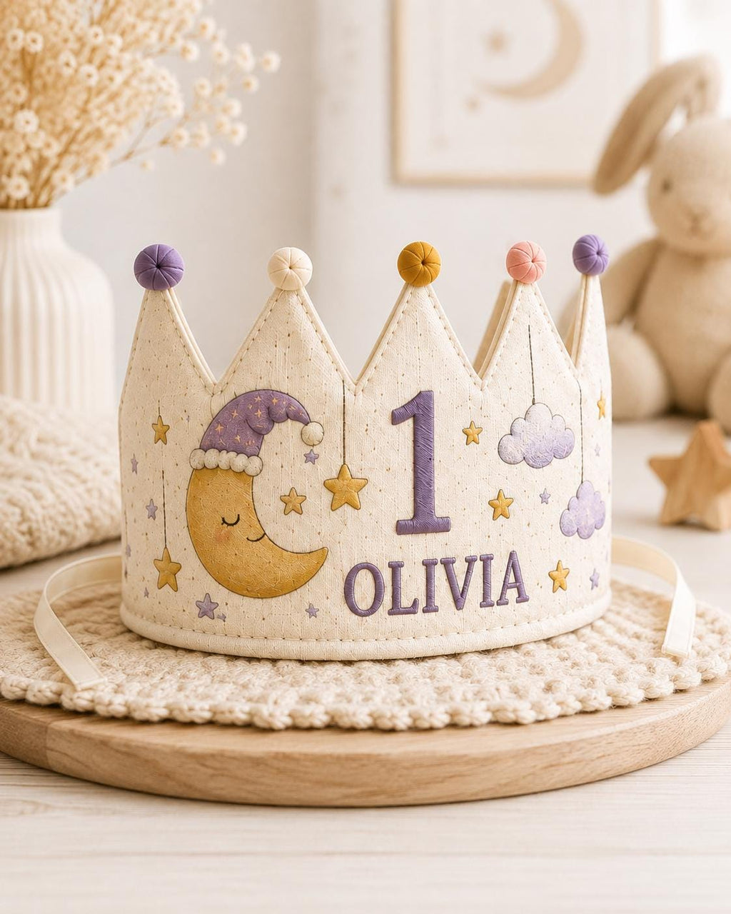 Personalized Little Dreamer Birthday Crown, Embroidered Linen-Look Moon & Stars Crown, Custom Name First Birthday Hat