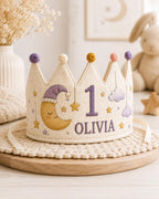 Personalized Little Dreamer Birthday Crown, Embroidered Linen-Look Moon & Stars Crown, Custom Name First Birthday Hat