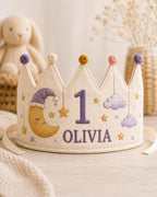 Personalized Little Dreamer Birthday Crown, Embroidered Linen-Look Moon & Stars Crown, Custom Name First Birthday Hat