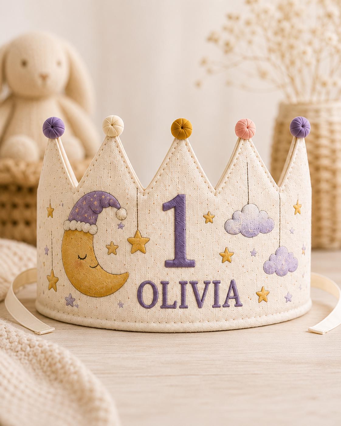 Personalized Little Dreamer Birthday Crown, Embroidered Linen-Look Moon & Stars Crown, Custom Name First Birthday Hat