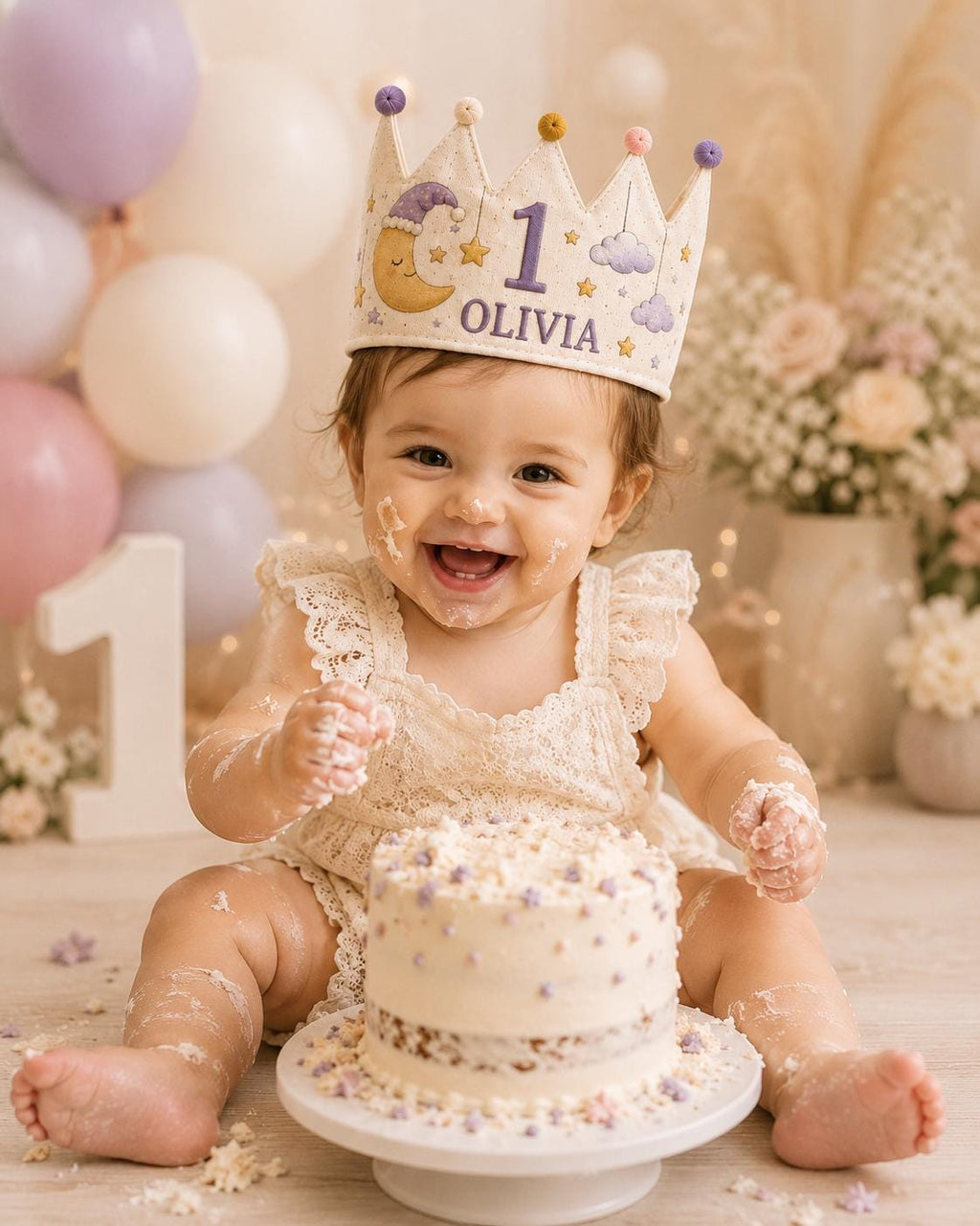 Personalized Little Dreamer Birthday Crown, Embroidered Linen-Look Moon & Stars Crown, Custom Name First Birthday Hat