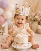 Personalized Little Dreamer Birthday Crown, Embroidered Linen-Look Moon & Stars Crown, Custom Name First Birthday Hat