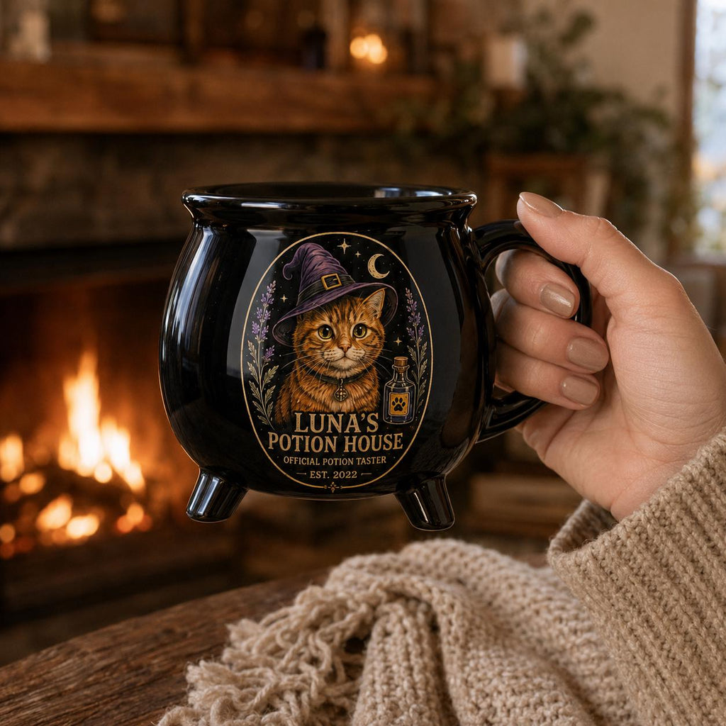 Custom Pet Cauldron Mug, Personalized Cat Portrait Witch Mug, Halloween Pet Gift, Gothic Black Ceramic Cup, Pet Mom Gift