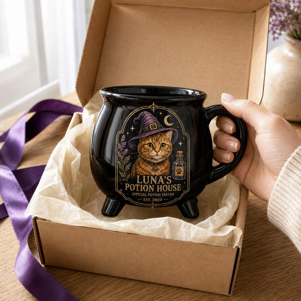 Custom Pet Cauldron Mug, Personalized Cat Portrait Witch Mug, Halloween Pet Gift, Gothic Black Ceramic Cup, Pet Mom Gift