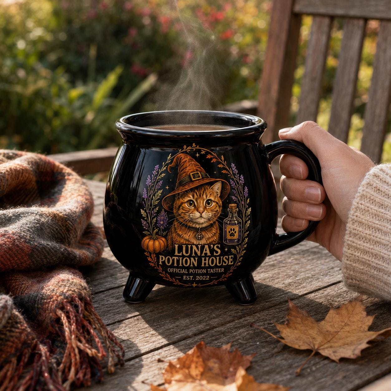 Custom Pet Cauldron Mug, Personalized Cat Portrait Witch Mug, Halloween Pet Gift, Gothic Black Ceramic Cup, Pet Mom Gift