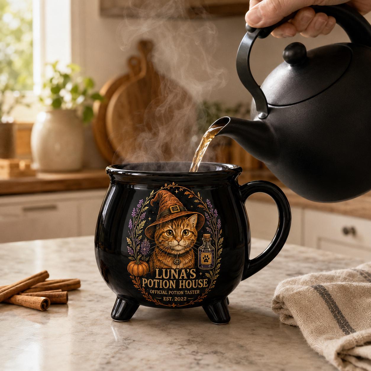 Custom Pet Cauldron Mug, Personalized Cat Portrait Witch Mug, Halloween Pet Gift, Gothic Black Ceramic Cup, Pet Mom Gift