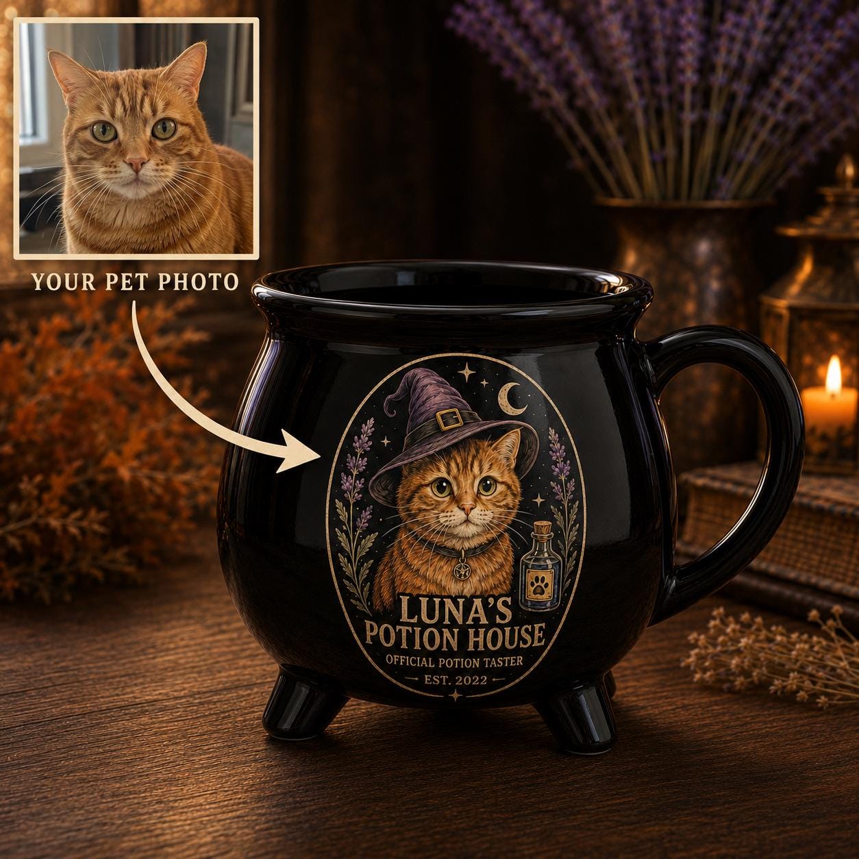 Custom Pet Cauldron Mug, Personalized Cat Portrait Witch Mug, Halloween Pet Gift, Gothic Black Ceramic Cup, Pet Mom Gift