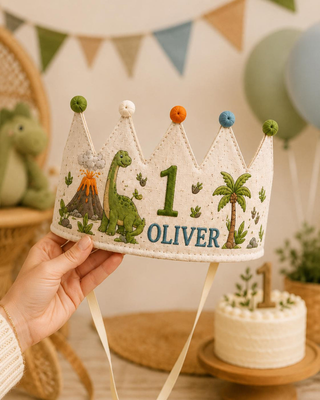 Personalized Dino Explorer Birthday Crown, Embroidered Linen-Look Dinosaur Crown, Custom Name First Birthday Hat, Baby Keepsake
