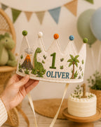 Personalized Dino Explorer Birthday Crown, Embroidered Linen-Look Dinosaur Crown, Custom Name First Birthday Hat, Baby Keepsake