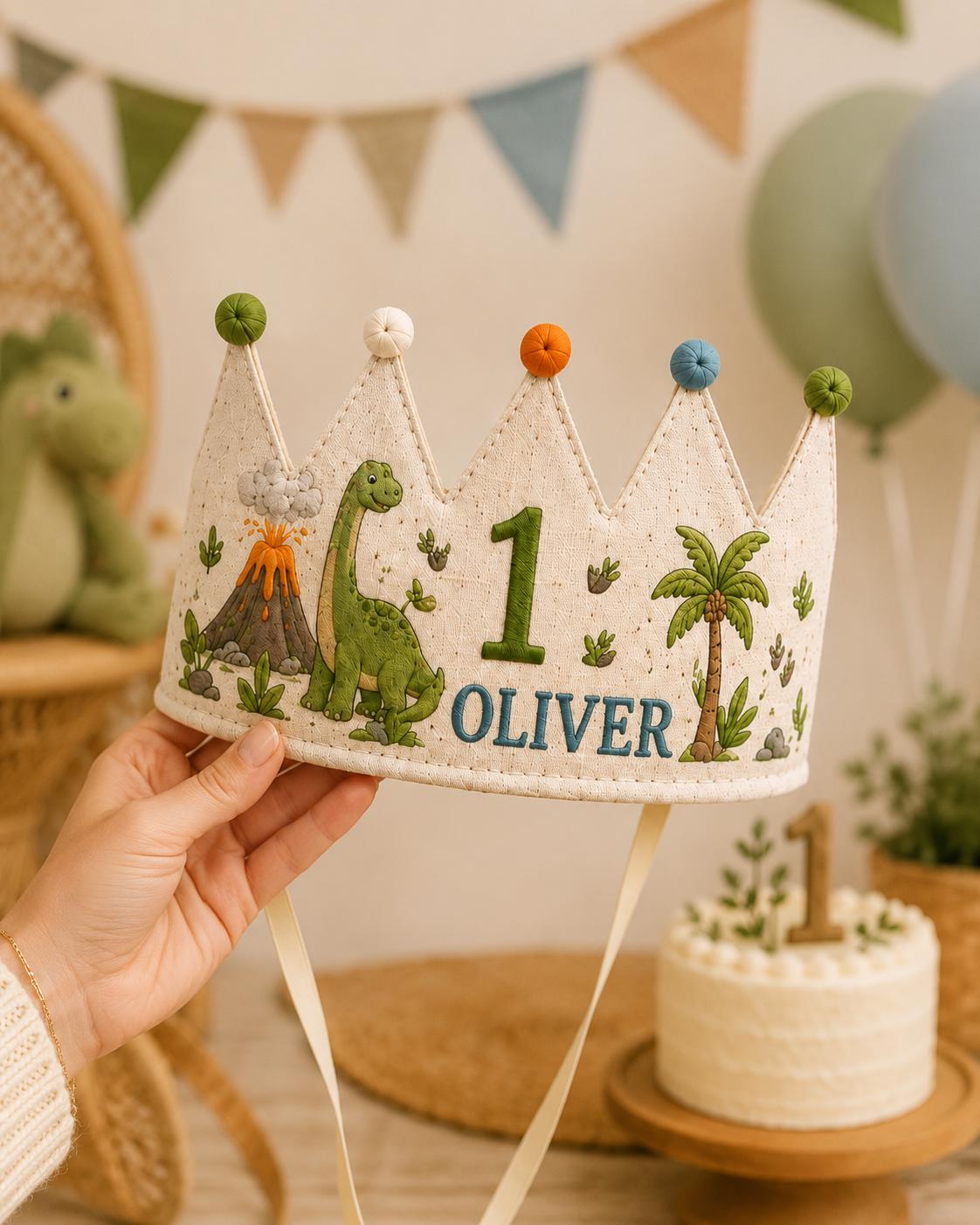 Personalized Dino Explorer Birthday Crown, Embroidered Linen-Look Dinosaur Crown, Custom Name First Birthday Hat, Baby Keepsake