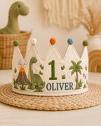 Personalized Dino Explorer Birthday Crown, Embroidered Linen-Look Dinosaur Crown, Custom Name First Birthday Hat, Baby Keepsake
