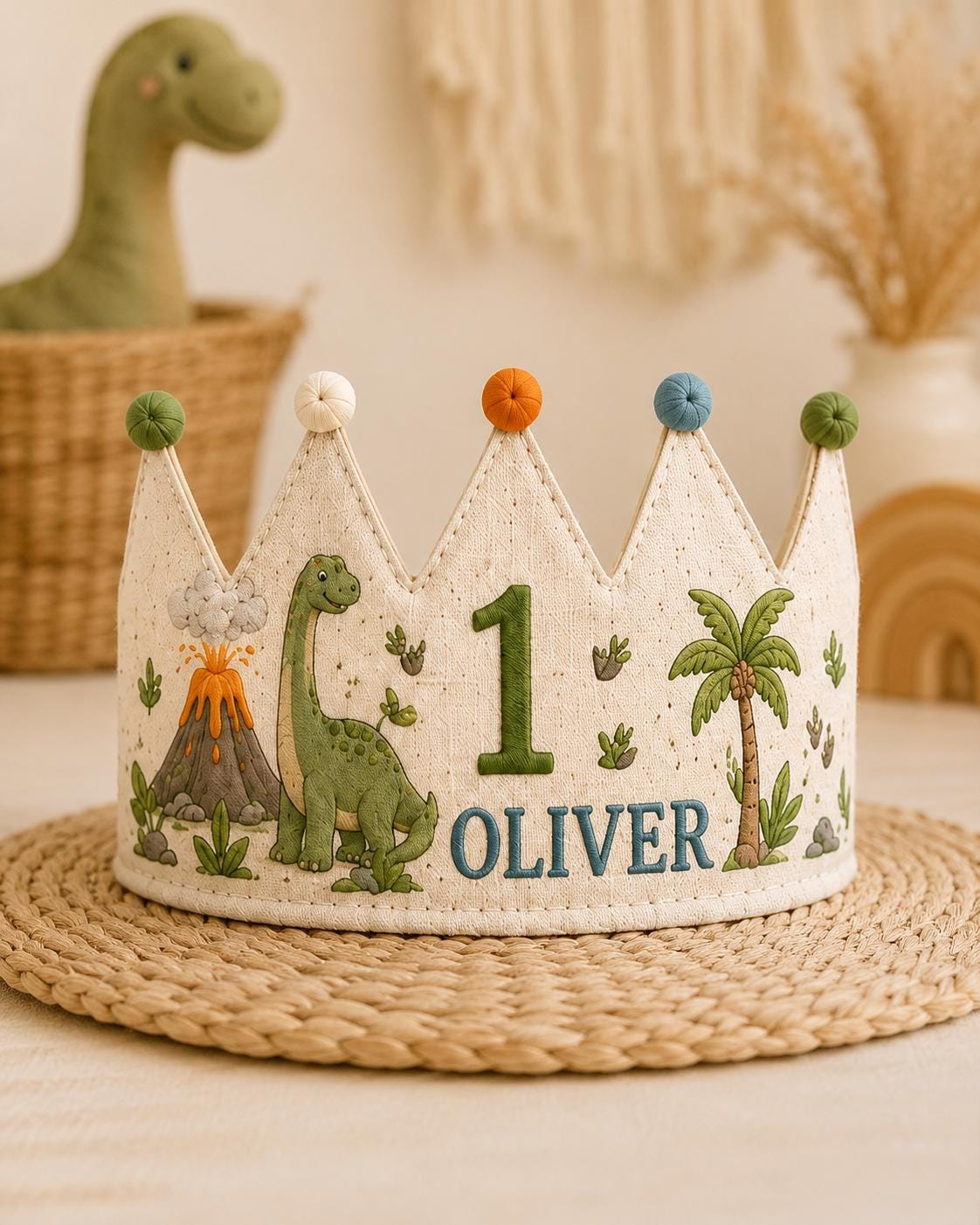 Personalized Dino Explorer Birthday Crown, Embroidered Linen-Look Dinosaur Crown, Custom Name First Birthday Hat, Baby Keepsake