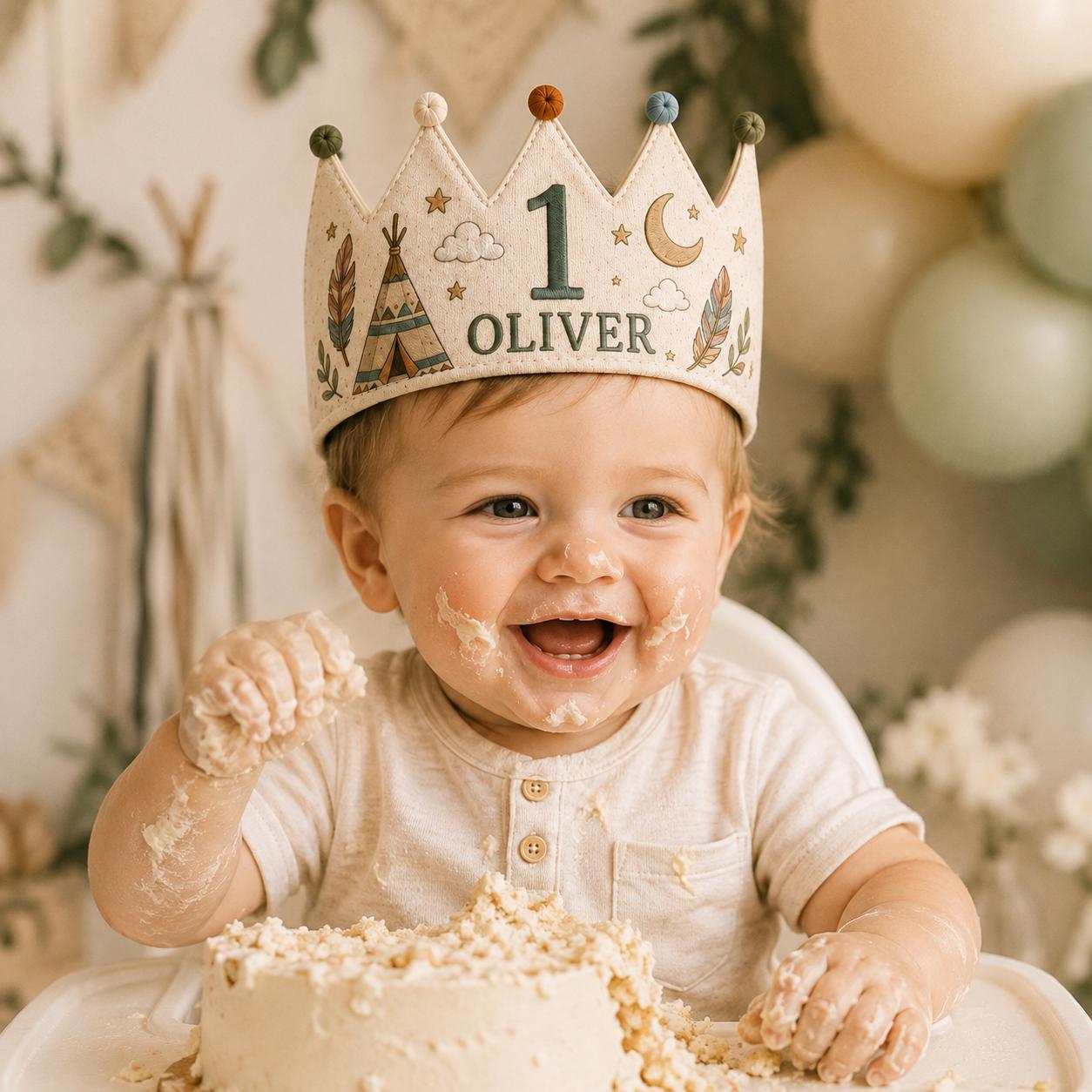 Personalized Dream Big Birthday Crown, Embroidered Linen-Look Boho Crown, Custom Name First Birthday Hat, Baby Keepsake