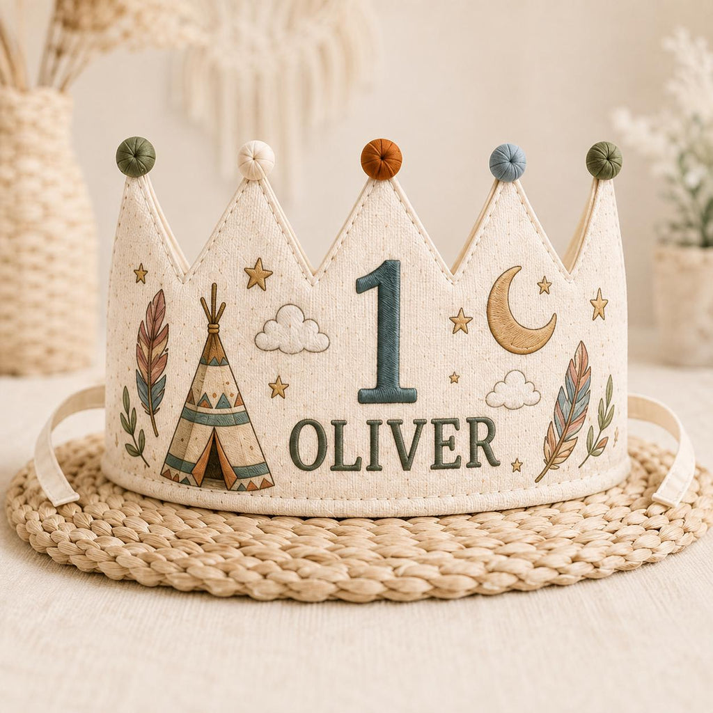 Personalized Dream Big Birthday Crown, Embroidered Linen-Look Boho Crown, Custom Name First Birthday Hat, Baby Keepsake