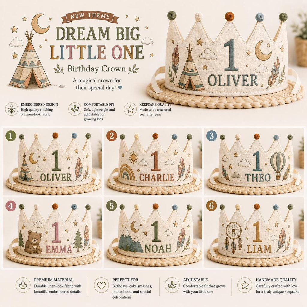 Personalized Dream Big Birthday Crown, Embroidered Linen-Look Boho Crown, Custom Name First Birthday Hat, Baby Keepsake