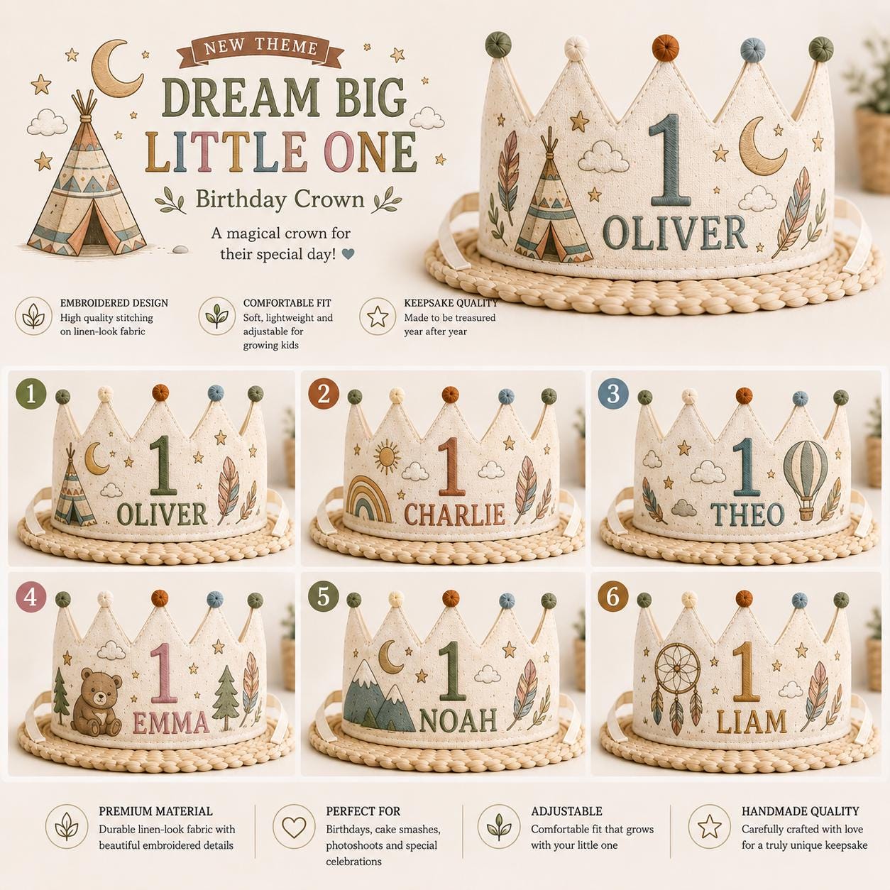 Personalized Dream Big Birthday Crown, Embroidered Linen-Look Boho Crown, Custom Name First Birthday Hat, Baby Keepsake