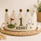 Personalized Golf Birthday Crown, Embroidered Linen-Look Little Golfer Crown, Custom Name First Birthday Hat
