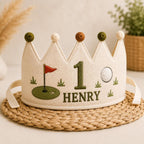 Personalized Golf Birthday Crown, Embroidered Linen-Look Little Golfer Crown, Custom Name First Birthday Hat