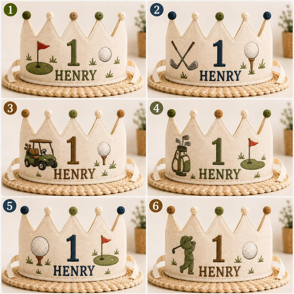 Personalized Golf Birthday Crown, Embroidered Linen-Look Little Golfer Crown, Custom Name First Birthday Hat