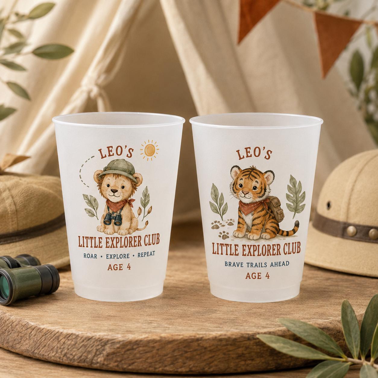 Personalized Kids Animal Frosted Cups, Little Explorer Birthday Party Cups, Custom Name Safari Favors, Jungle Party Drinkware