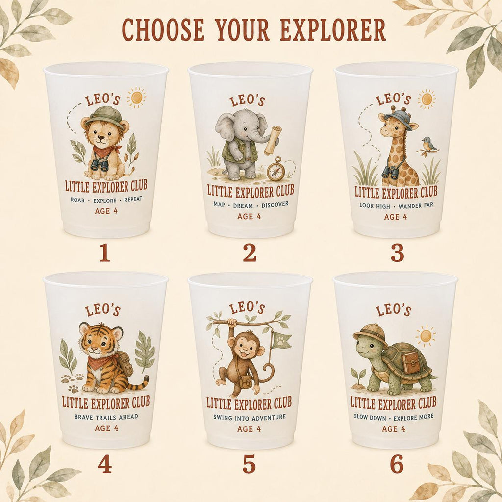 Personalized Kids Animal Frosted Cups, Little Explorer Birthday Party Cups, Custom Name Safari Favors, Jungle Party Drinkware