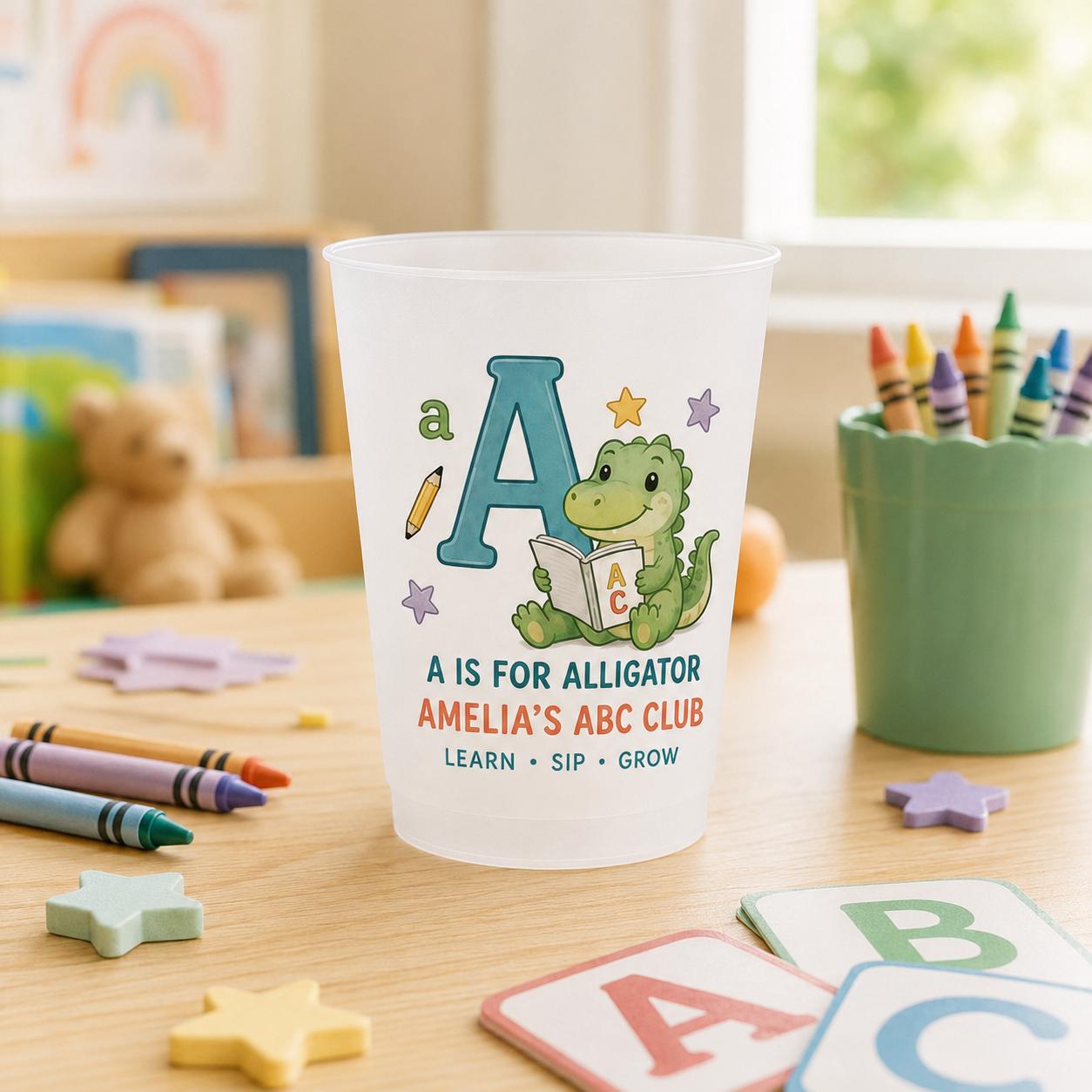 Personalized Animal Alphabet Frosted Cups, Custom Name Kids ABC Cup, Preschool Learning Gift, Daycare Birthday Party Favor