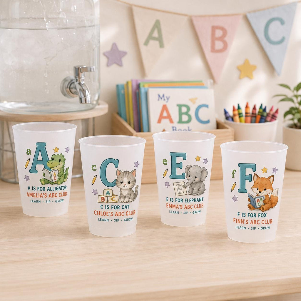 Personalized Animal Alphabet Frosted Cups, Custom Name Kids ABC Cup, Preschool Learning Gift, Daycare Birthday Party Favor