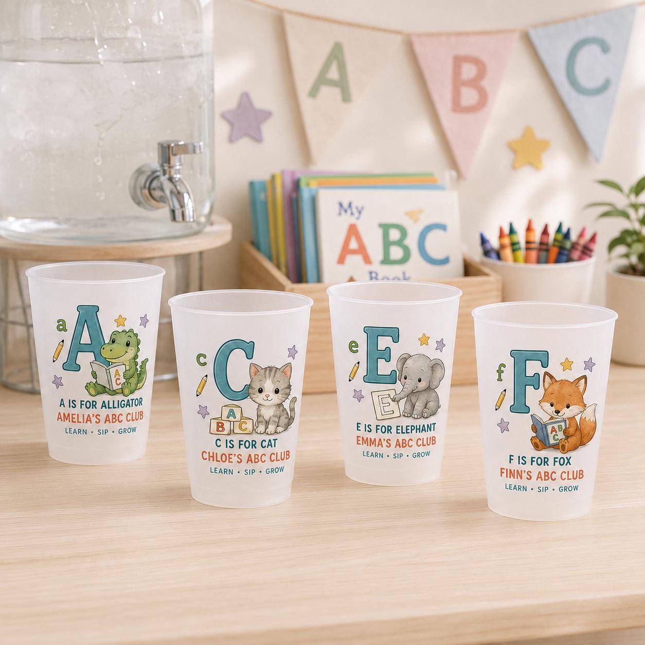 Personalized Animal Alphabet Frosted Cups, Custom Name Kids ABC Cup, Preschool Learning Gift, Daycare Birthday Party Favor