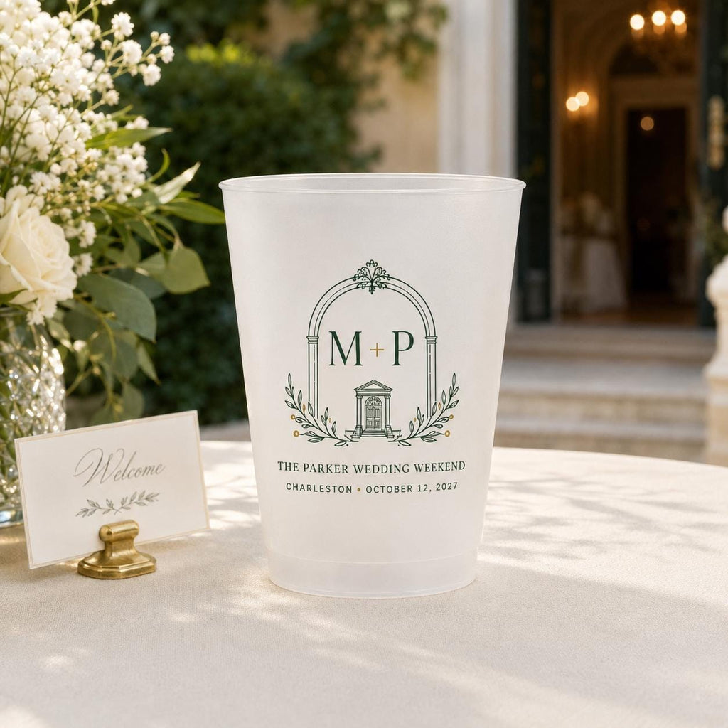 Personalized Wedding Frosted Cups, Custom Estate Crest Monogram, Wedding Weekend Bar Cups, Reception Party Favors