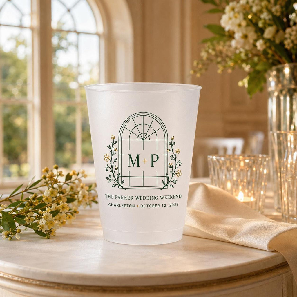 Personalized Wedding Frosted Cups, Custom Estate Crest Monogram, Wedding Weekend Bar Cups, Reception Party Favors