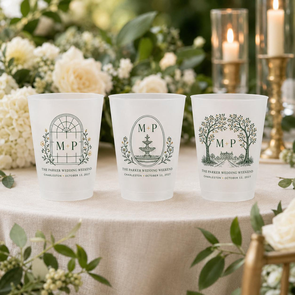 Personalized Wedding Frosted Cups, Custom Estate Crest Monogram, Wedding Weekend Bar Cups, Reception Party Favors