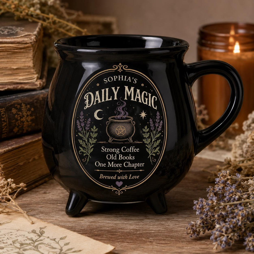 Personalized Cauldron Mug, Custom Daily Magic Witch Mug, Halloween Ceramic Coffee Cup, Gothic Book Lover Teacher Mom Gift