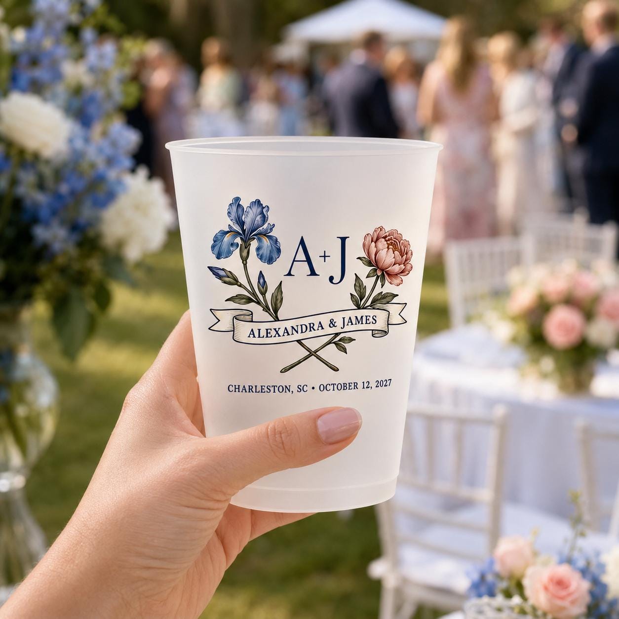 Personalized Birth Flower Wedding Cups, Custom Monogram Frosted Cups, Floral Reception Favors, Engagement Party Drinkware