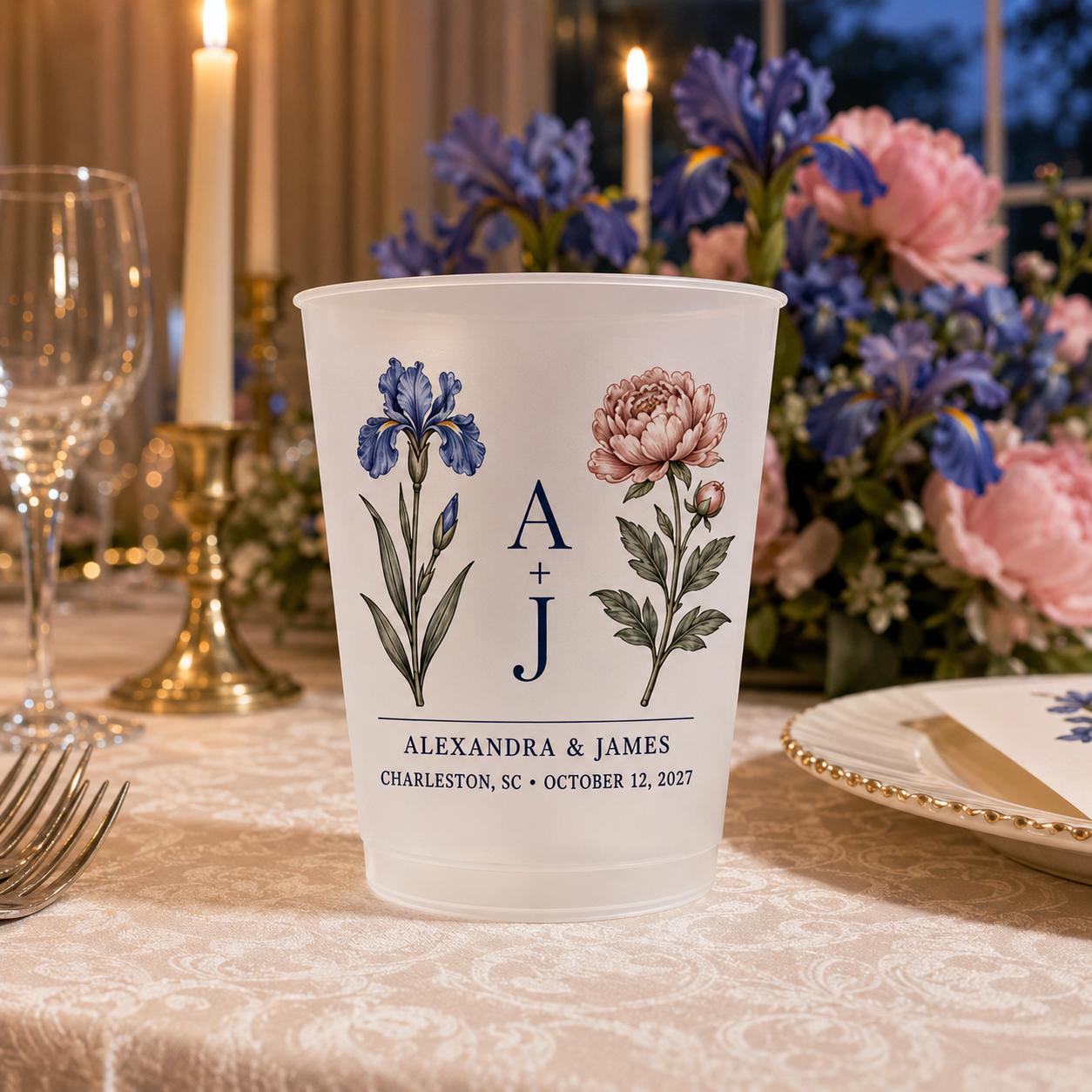 Personalized Birth Flower Wedding Cups, Custom Monogram Frosted Cups, Floral Reception Favors, Engagement Party Drinkware