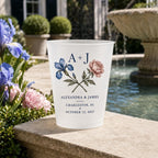 Personalized Birth Flower Wedding Cups, Custom Monogram Frosted Cups, Floral Reception Favors, Engagement Party Drinkware