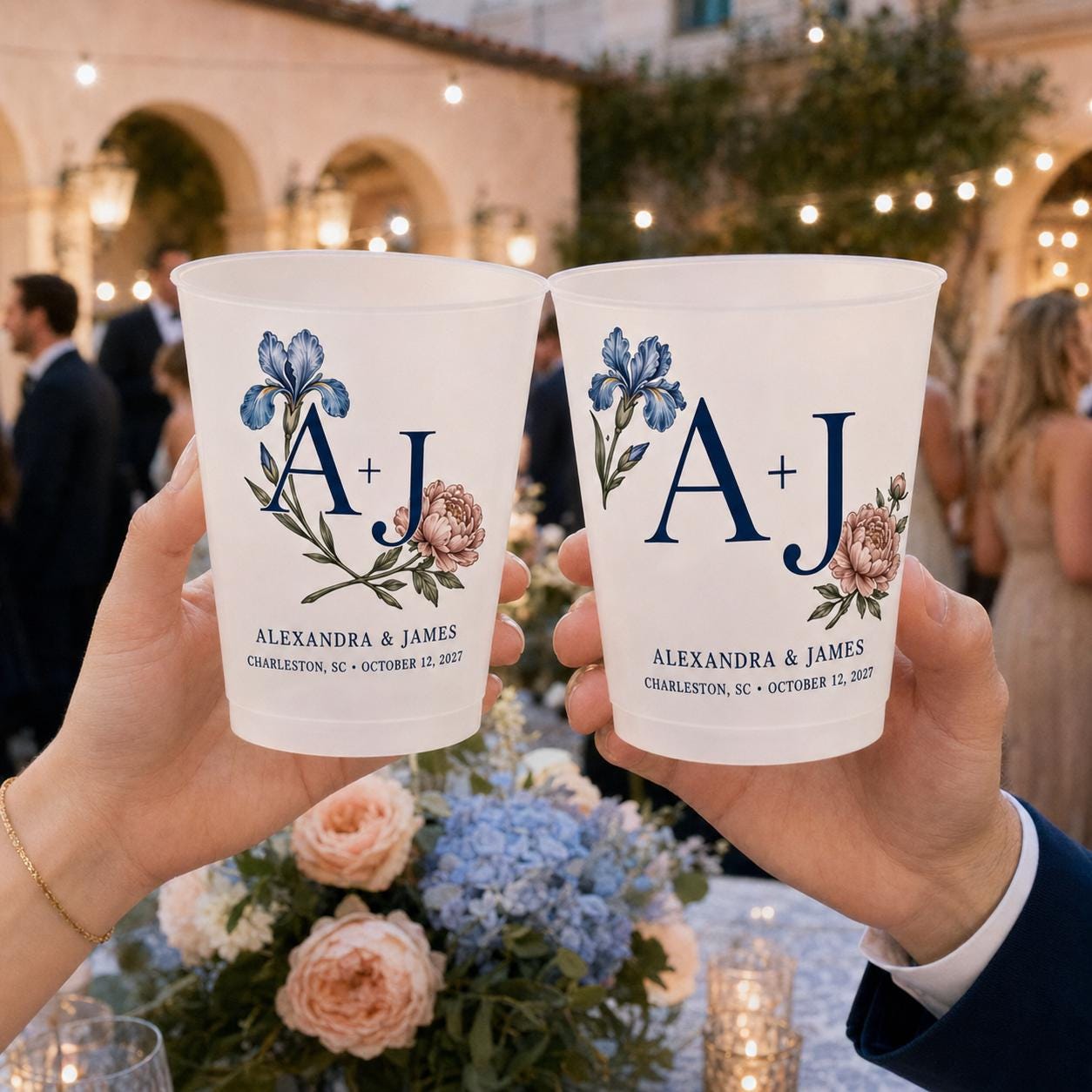 Personalized Birth Flower Wedding Cups, Custom Monogram Frosted Cups, Floral Reception Favors, Engagement Party Drinkware