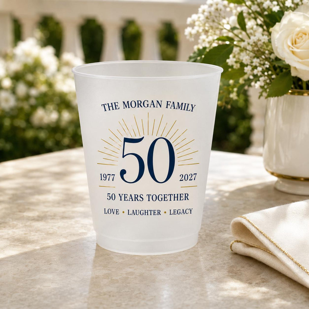 Personalized 50th Anniversary Frosted Cups, Custom Family Name Party Cups, Golden Wedding Anniversary Favors, Milestone Celebration Cups