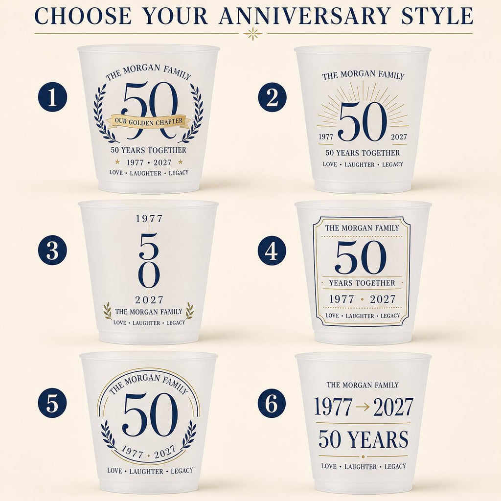 Personalized 50th Anniversary Frosted Cups, Custom Family Name Party Cups, Golden Wedding Anniversary Favors, Milestone Celebration Cups