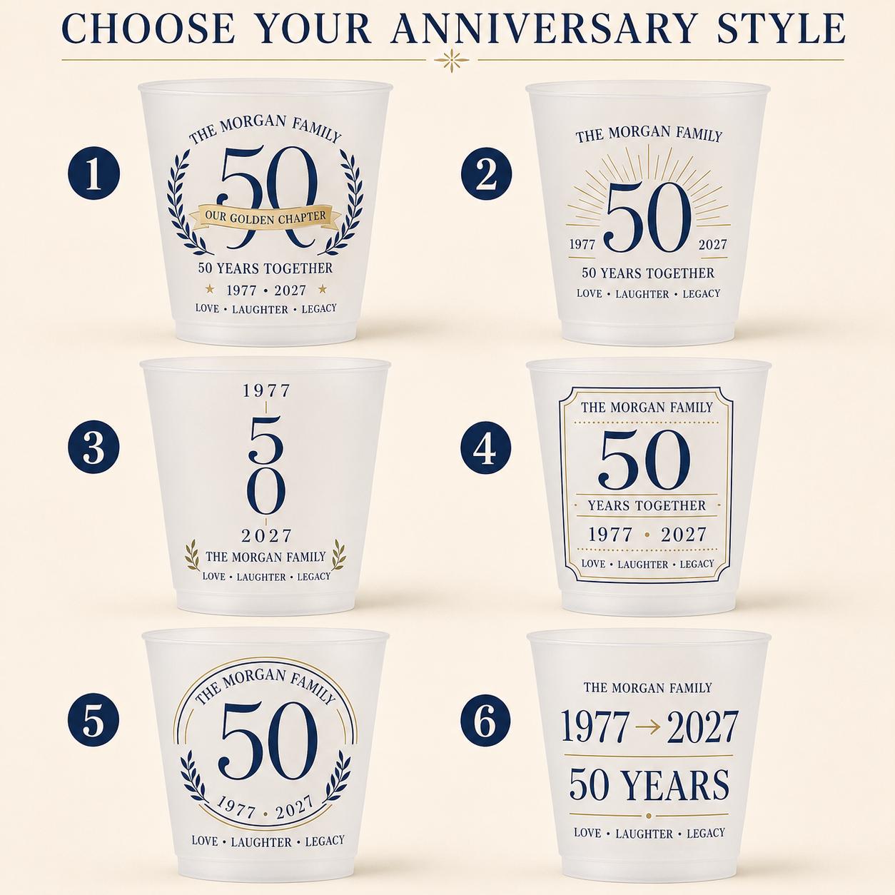 Personalized 50th Anniversary Frosted Cups, Custom Family Name Party Cups, Golden Wedding Anniversary Favors, Milestone Celebration Cups