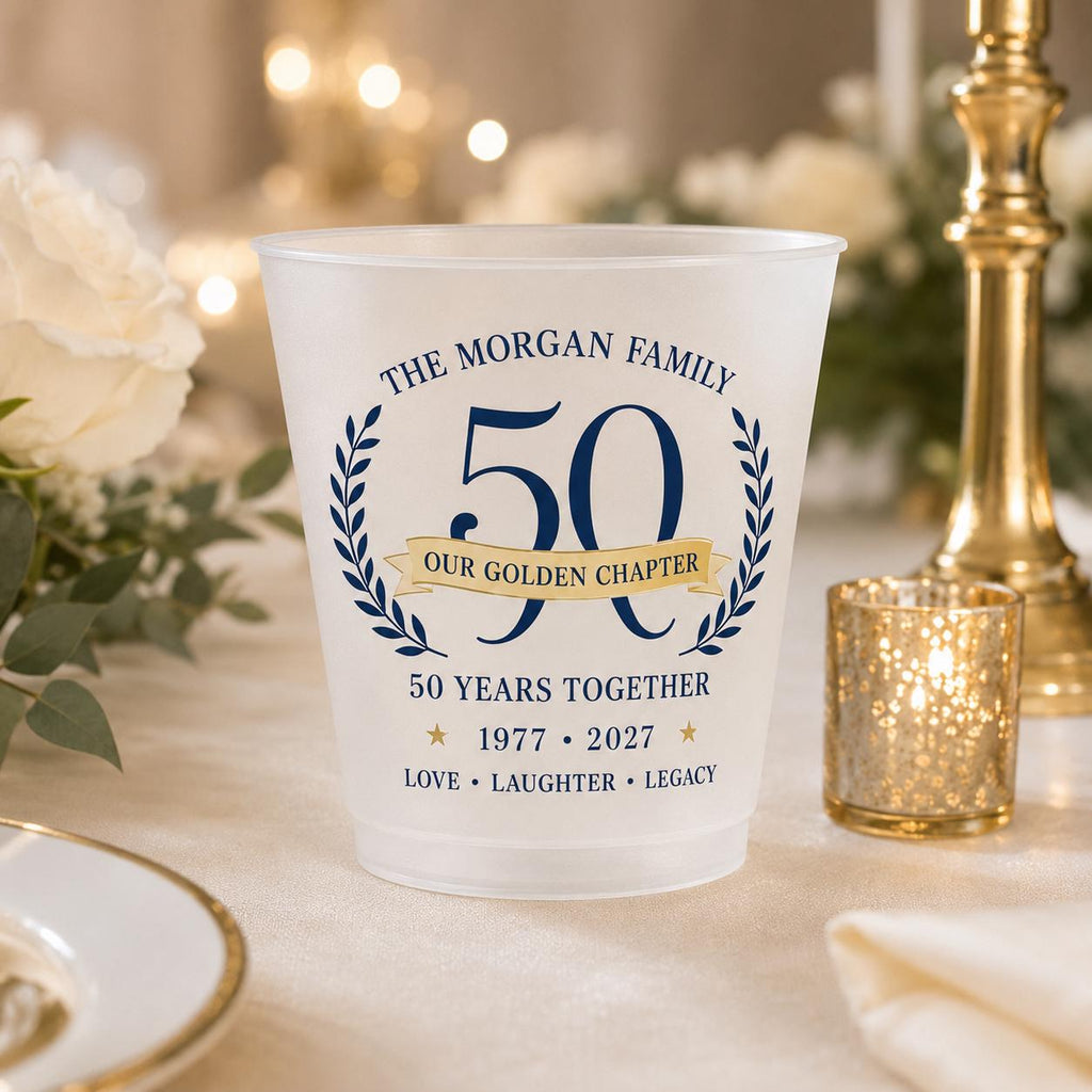 Personalized 50th Anniversary Frosted Cups, Custom Family Name Party Cups, Golden Wedding Anniversary Favors, Milestone Celebration Cups