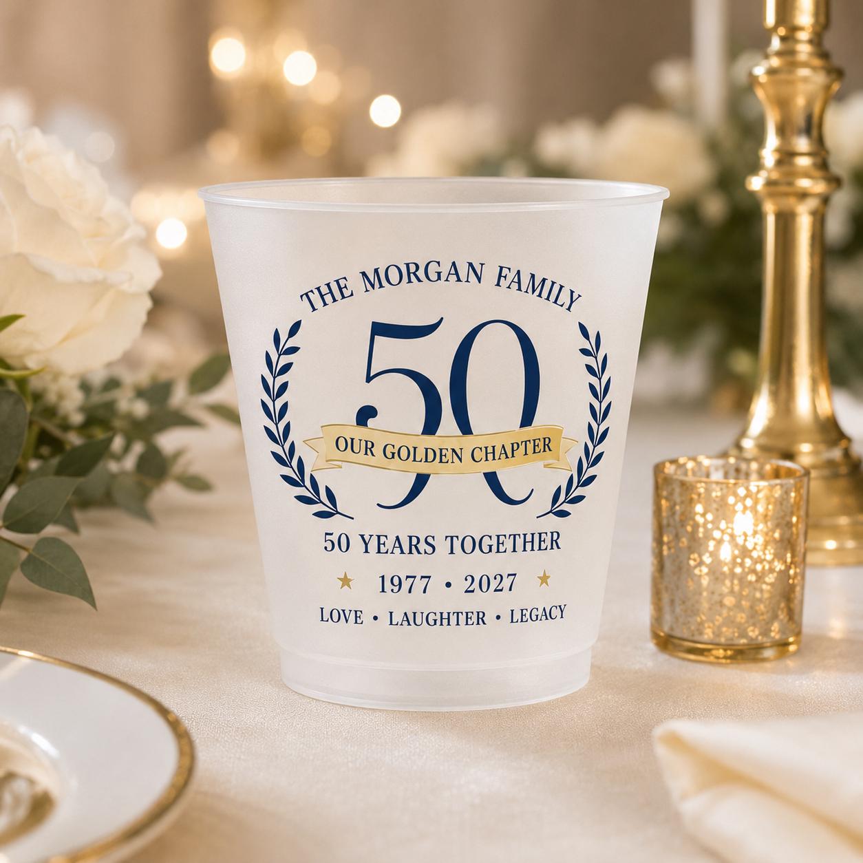 Personalized 50th Anniversary Frosted Cups, Custom Family Name Party Cups, Golden Wedding Anniversary Favors, Milestone Celebration Cups