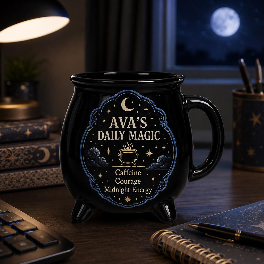 Personalized Cauldron Mug, Custom Daily Magic Witch Mug, Halloween Ceramic Coffee Cup, Gothic Book Lover Teacher Mom Gift