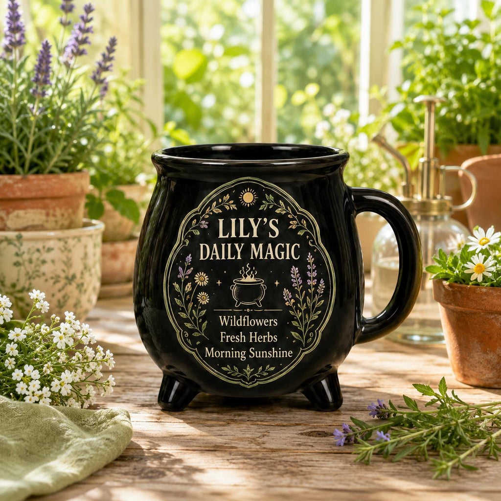 Personalized Cauldron Mug, Custom Daily Magic Witch Mug, Halloween Ceramic Coffee Cup, Gothic Book Lover Teacher Mom Gift