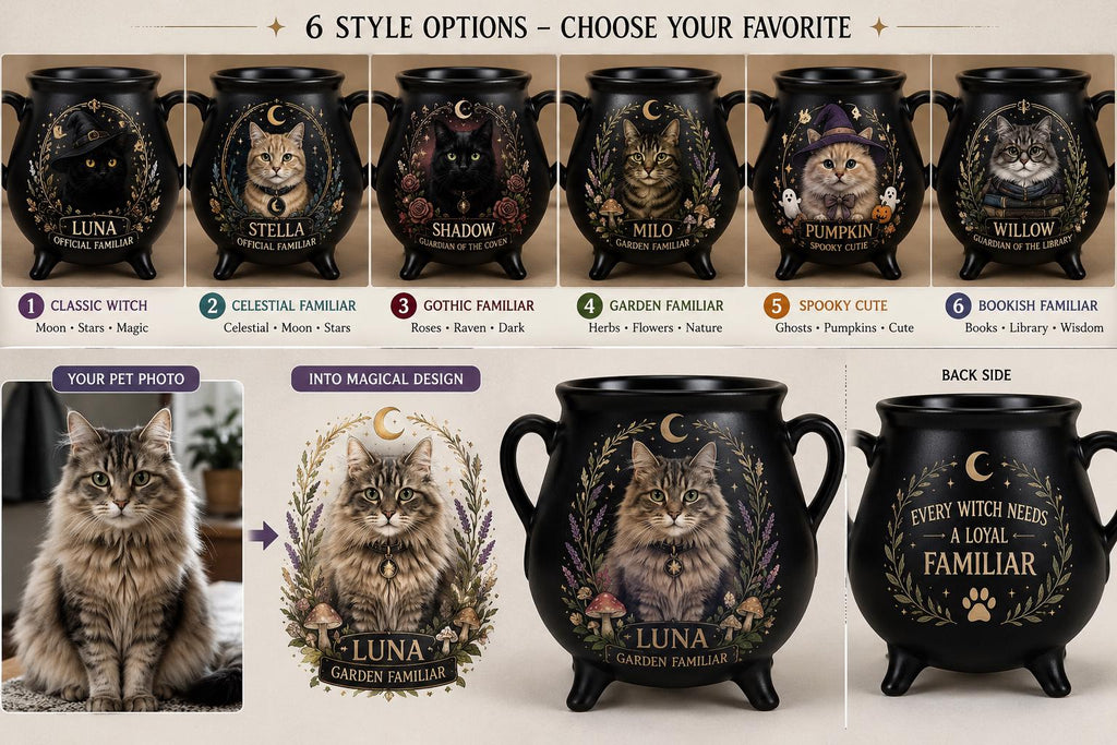Personalized Pet Cauldron Mug, Custom Witch Familiar Cat or Dog Portrait, Halloween Ceramic Mug, Gothic Pet Lover Gift